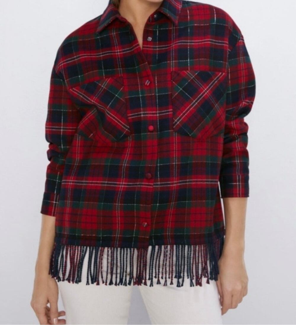 Zara Metallic Plaid Fringe Shacket Jacket Women's Small Red Navy Blue
